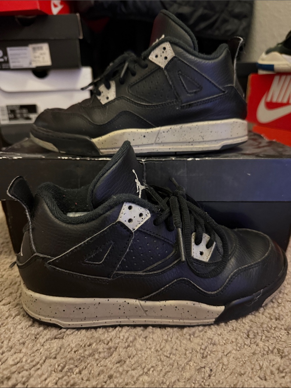 Jordan 4 Oreo Kids Black Leather Athletic Sneakers with Speckled Midsole
